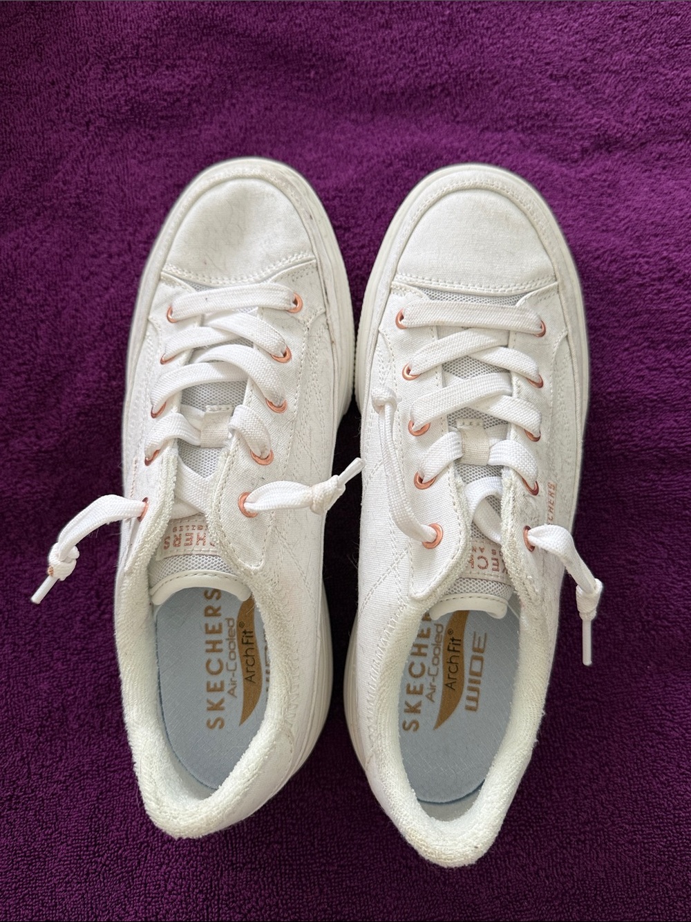 Skechers Women's White Canvas Low-Top Sneakers with Rose Gold Eyelets